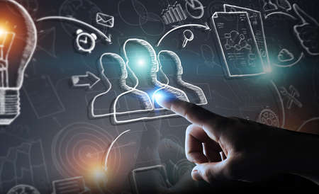 Businessman on blurred background touching manuscript project presentation with his fingerの写真素材