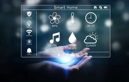 Businesswoman on blurred background using smart home digital interface 3D renderingの写真素材