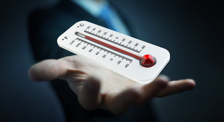 Businessman checking the temperature rise with a thermometer 3D rendering