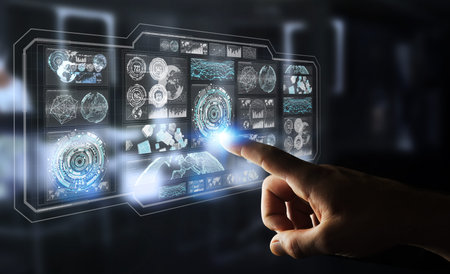 Businessman on blurred background using digital screens with holograms datas 3D rendering