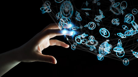 Businessman on blurred background using flying network connection interface 3D renderingの写真素材