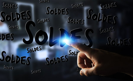 Businessman on blurred background touching sales icons with his finger 3D rendering