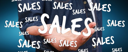 Businessman on blurred background holding sales icons in his hand 3D rendering