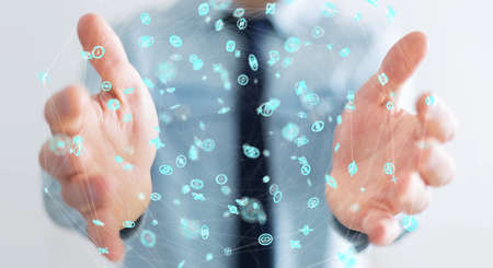 Businessman on blurred background using flying network connection interface 3D renderingの写真素材