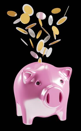 Piggy bank with flying coins going inside 3D rendering on black backgroundの写真素材