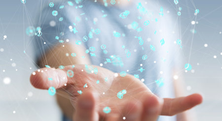 Businessman on blurred background using flying network connection interface 3D rendering