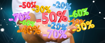Businessman on blurred background holding sales icons in his hand 3D rendering