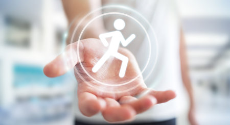 Young man on blurred background using running application to check his performances 3D rendering