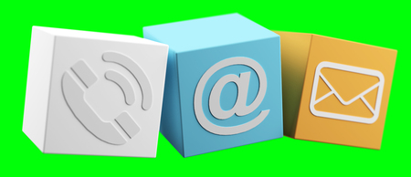 Digital 3D printed plastic cube contact icon 3D rendering on green backgroundの写真素材