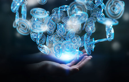Businesswoman on blurred background using digital arobase blue sphere to surf on internet 3D...