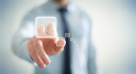 Businessman using tactile interface web address bar to surf on internet 3D rendering