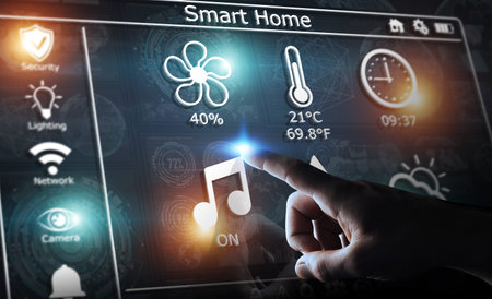 Businessman on blurred background using smart home digital interface 3D rendering