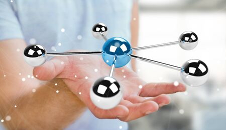 Businessman on blurred background using flying 3D spheres network 3D renderingの写真素材