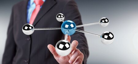 Businessman on blurred background using flying 3D spheres network 3D renderingの写真素材