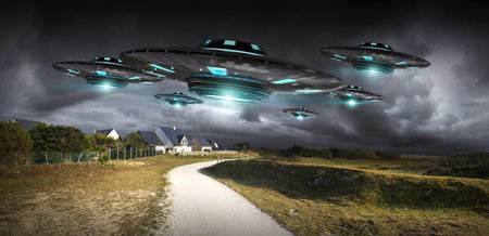 Metal and silver UFO invasion on planet earth landascape 3D renderingの写真素材