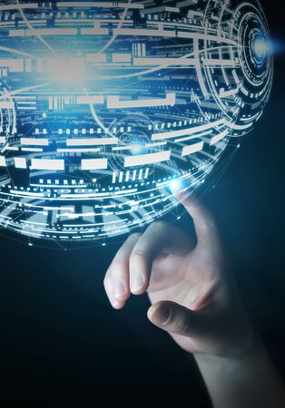 Businesswoman touching white and blue hologram sphere 3D renderingの写真素材