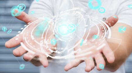 Businessman on blurred background using flying network connection interface 3D renderingの写真素材