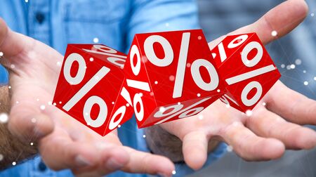Businessman on blurred background using white and red sales flying icons 3D renderingの写真素材