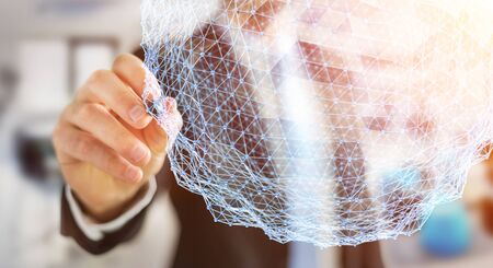 Businessman on blurred background holding flying network sphere 3D renderingの写真素材