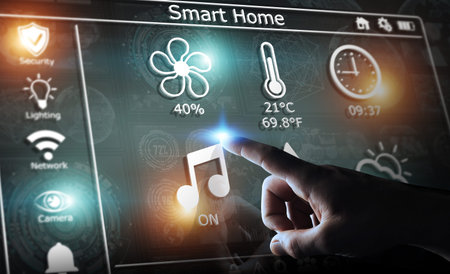 Businessman on blurred background using smart home digital interface 3D rendering