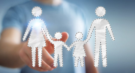 Businessman on blurred background touching family interface with his finger 3D renderingの写真素材