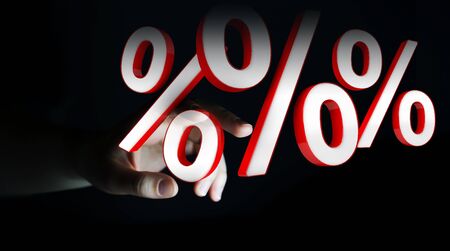 Businesswoman on blurred background using white and red sales flying icons 3D renderingの写真素材