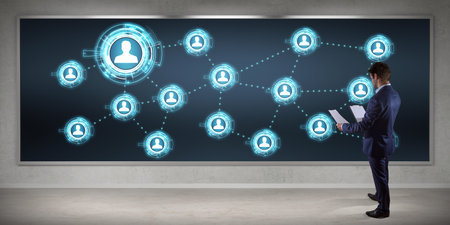 Businessman in modern interior using social network interface on a board 3D rendering