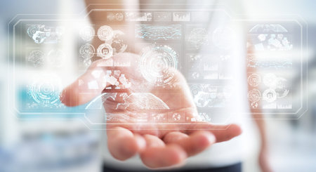 Businessman on blurred background using digital screens with holograms datas 3D rendering