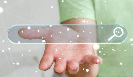 Man using tactile interface web address bar to surf on internet 3D rendering