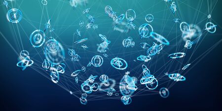 Flying network connection interface 3D rendering on blue backgroundの写真素材