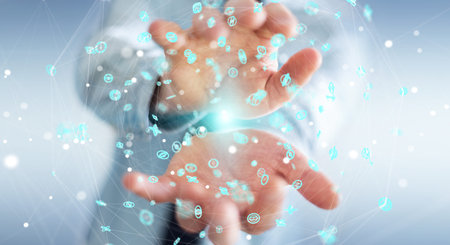 Businessman on blurred background using flying network connection interface 3D rendering