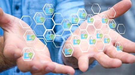 Businessman on blurred background holding a hand-drawn antivirus system
