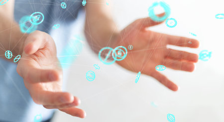 Businessman on blurred background using flying network connection interface 3D renderingの写真素材