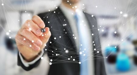 Businessman on blurred background using flying network connection interface 3D renderingの写真素材