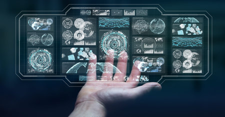 Businessman on blurred background using digital screens with holograms datas 3D rendering