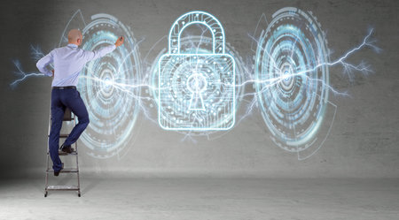 Businessman in modern interior using antivirus interface on a wall 3D rendering
