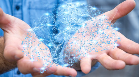 Businessman holding digital human brain with cell and neurons activity 3D rendering