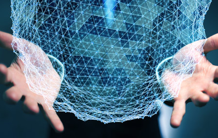 Businessman on blurred background holding flying network sphere 3D rendering