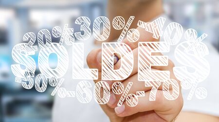 Businessman on blurred background touching sales icons with a pen 3D renderingの写真素材
