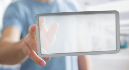 Businessman on blurred background using digital screens tablet 3D rendering