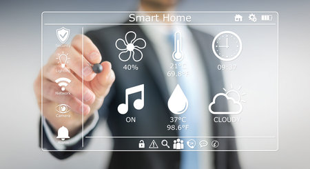 Businessman on blurred background using smart home digital interface 3D rendering