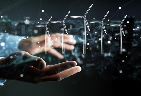 Businessman on blurred background hloding renewable energy sketchの写真素材