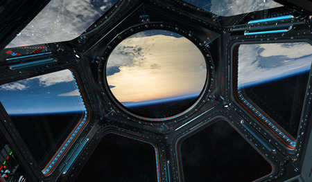 Window view of planet earth from a space station in space 3D renderingの写真素材