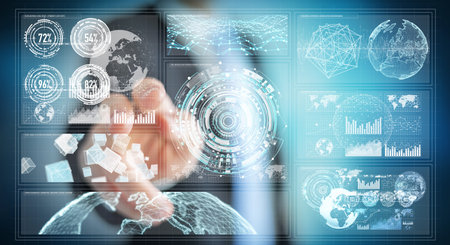 Businessman on blurred background using digital screens with holograms datas 3D rendering