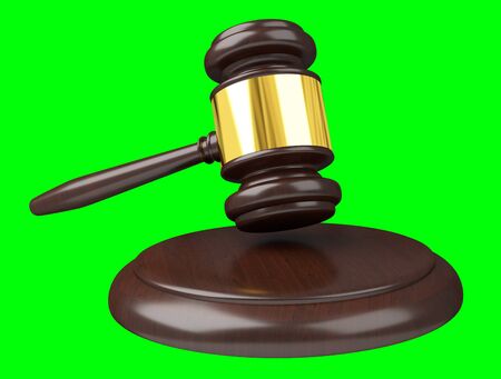Justice hammer isolated on green background 3D renderingの写真素材