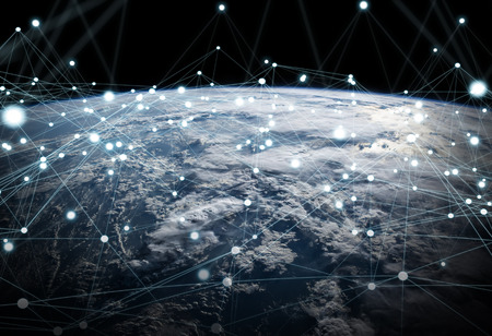 Global network and datas exchanges over the planet Earth 3D renderingの写真素材