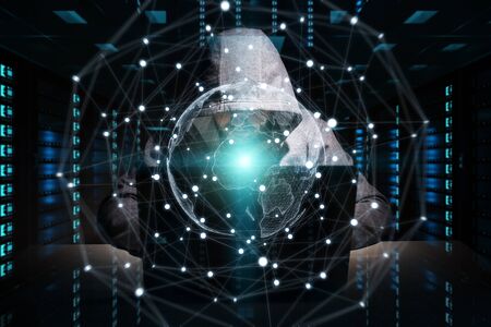 Hacker accessing to personal data information with a computer in a dark room 3D renderingの写真素材