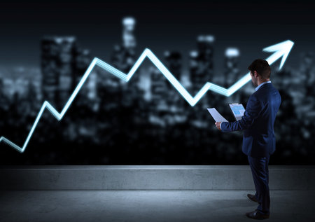 Businessman watching arrow sketch on a rooftop with a city view 3D renderingの写真素材