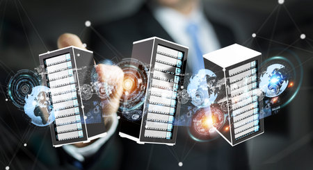 Businessman on blurred background connecting servers room data center 3D rendering