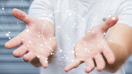 Businessman on blurred background using flying earth network interface 3D renderingの写真素材